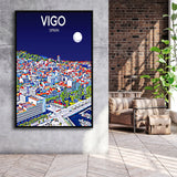 Vigo Spain Art Night Art Print, Large Canvas, Framed Canvas Print Wall Art Home Decor, Floating Frame