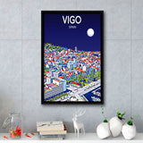 Vigo Spain Art Night Art Print, Large Canvas, Framed Canvas Print Wall Art Home Decor, Floating Frame