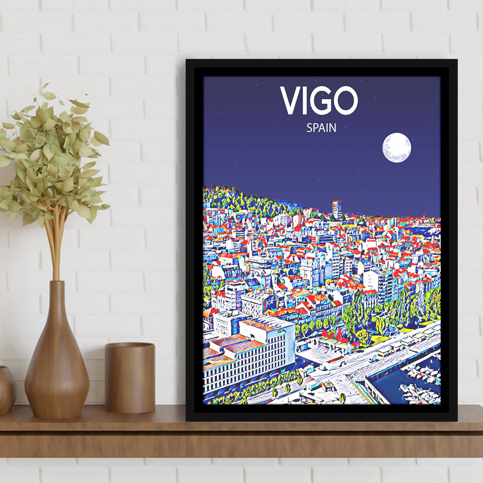 Vigo Spain Art Night Art Print, Large Canvas, Framed Canvas Print Wall Art Home Decor, Floating Frame