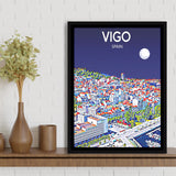Vigo Spain Art Night Art Print, Large Canvas, Framed Canvas Print Wall Art Home Decor, Floating Frame