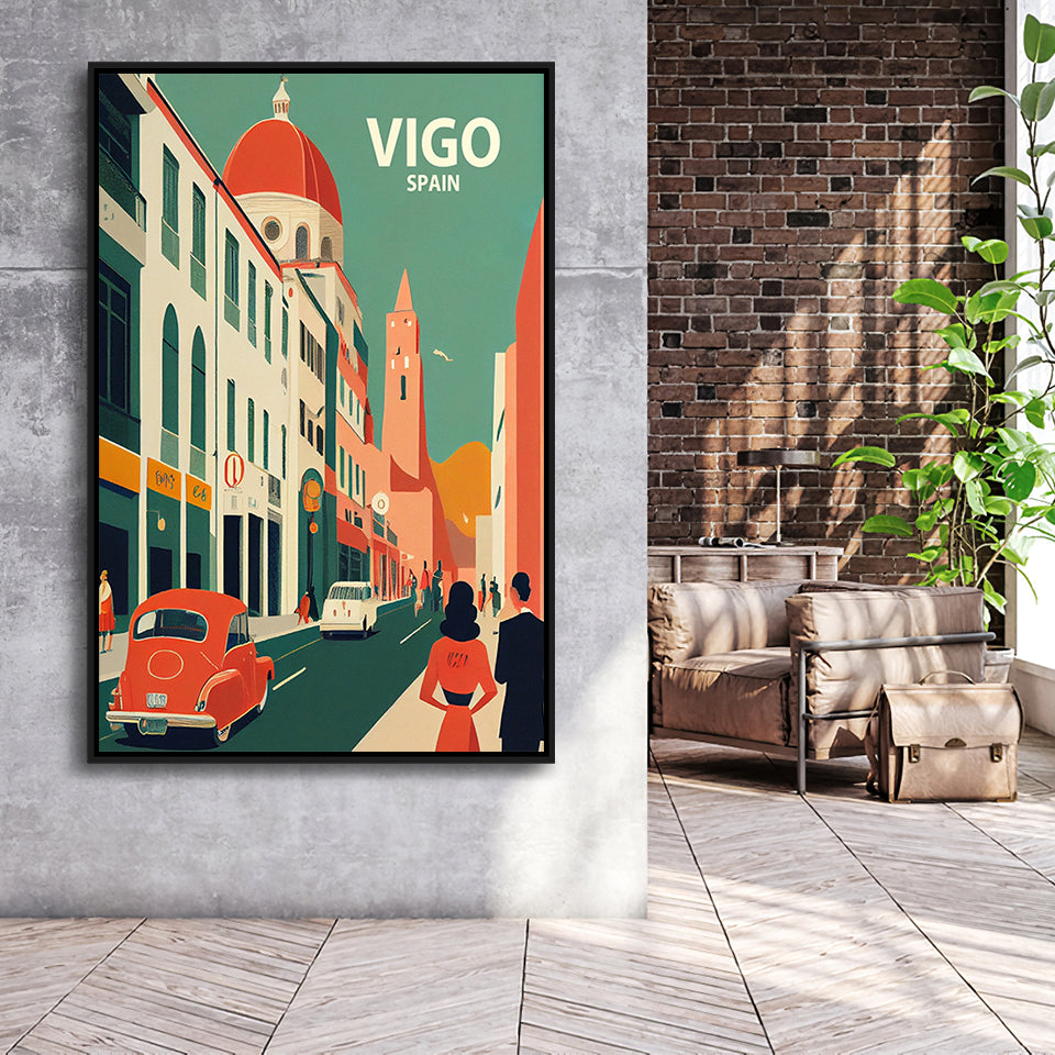 Vigo Spain Retro Art Print, Large Canvas, Framed Canvas Print Wall Art Home Decor, Floating Frame