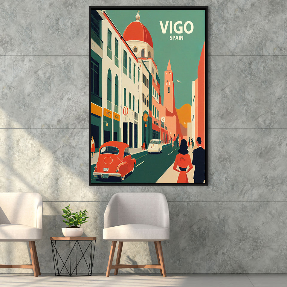 Vigo Spain Retro Art Print, Large Canvas, Framed Canvas Print Wall Art Home Decor, Floating Frame