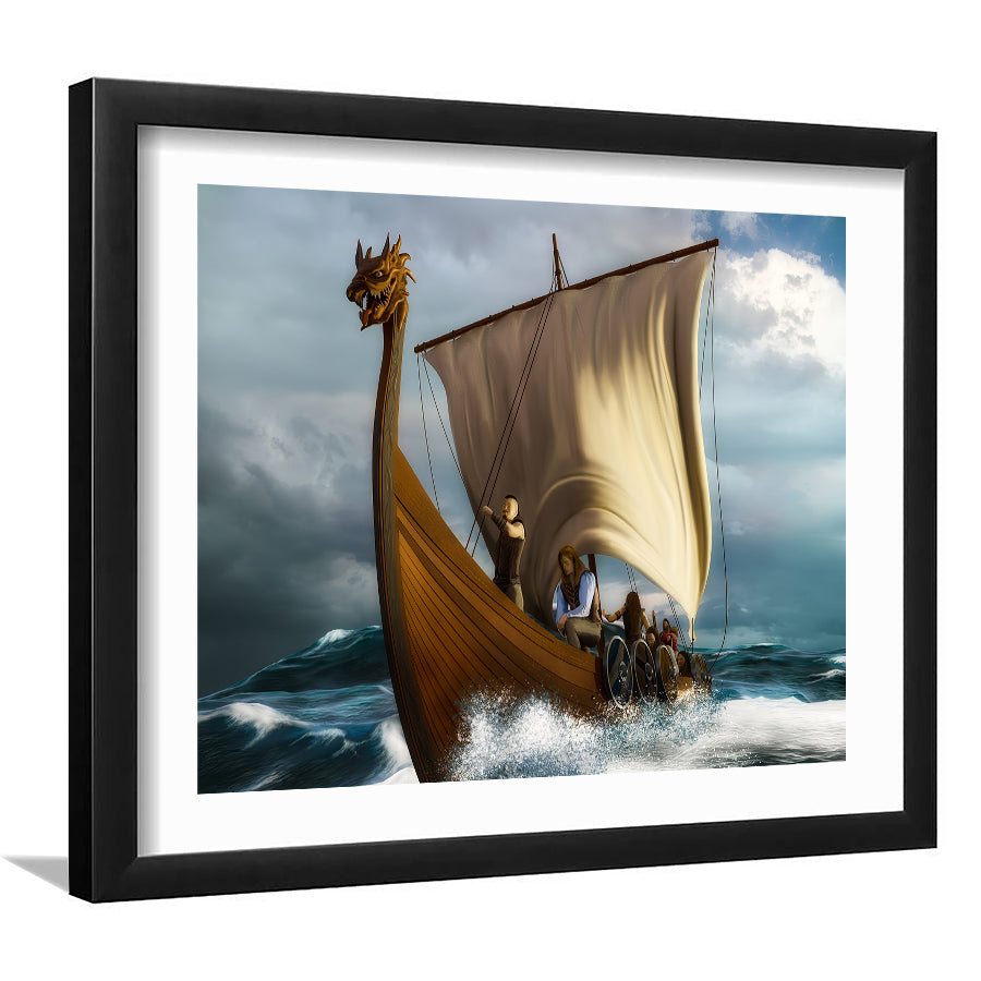 Viking Ship On The Open Sea Wall Art Print - Framed Art, Framed Prints, Painting Print