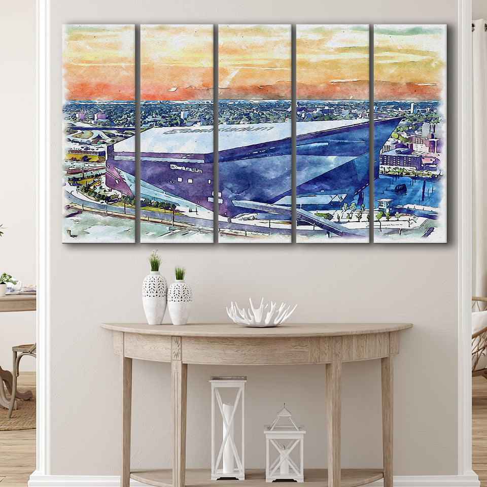 Vikings Football Stadium US Bank Stadium Watercolor, 5 Pieces B, Multi Panel Canvas Prints Wall Art Decor