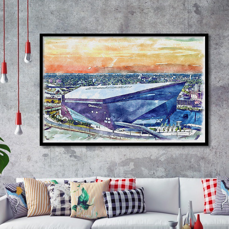 Vikings Football Stadium US Bank Stadium Watercolor, Sport Prints Fan Gift, Framed Art Prints Wall Art Decor