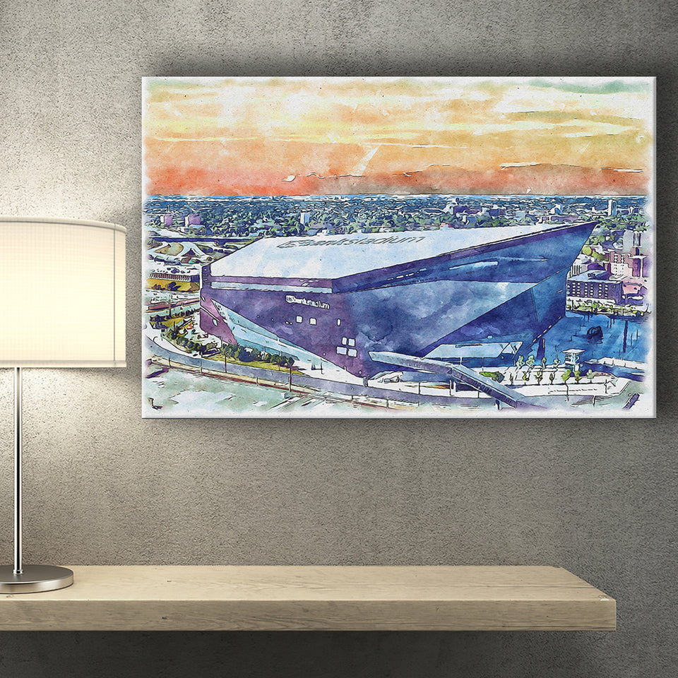 Vikings Football Stadium US Bank Stadium Watercolor, Sport Art Prints Fan Gift, Canvas Prints Wall Art Decor
