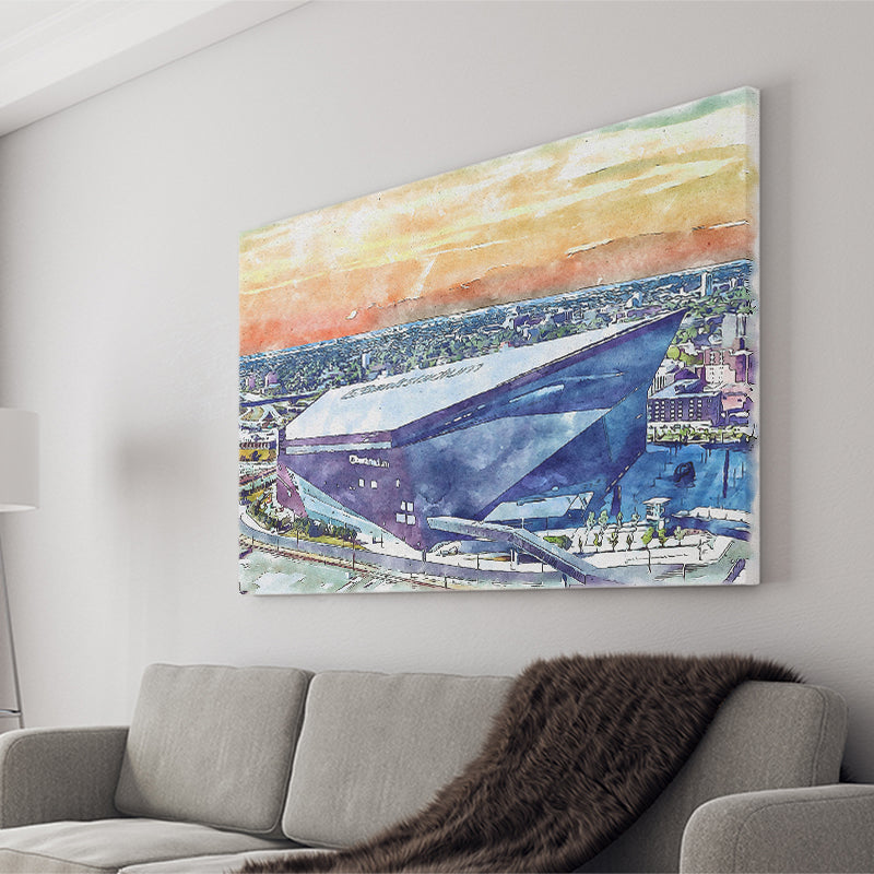 Vikings Football Stadium US Bank Stadium Watercolor, Sport Art Prints Fan Gift, Canvas Prints Wall Art Decor