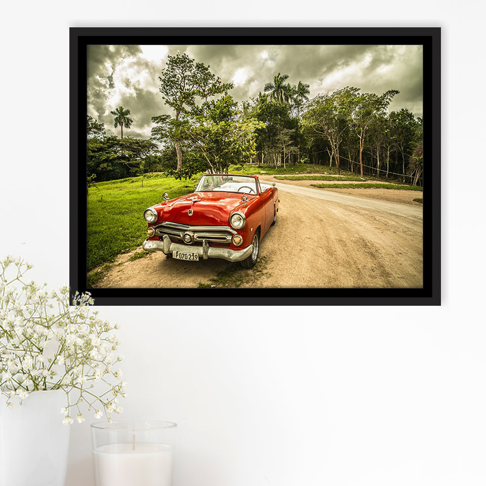 Vintage American Car in Cuba, Cuba Framed Canvas Prints Wall Art Decor, Black Floating Frame