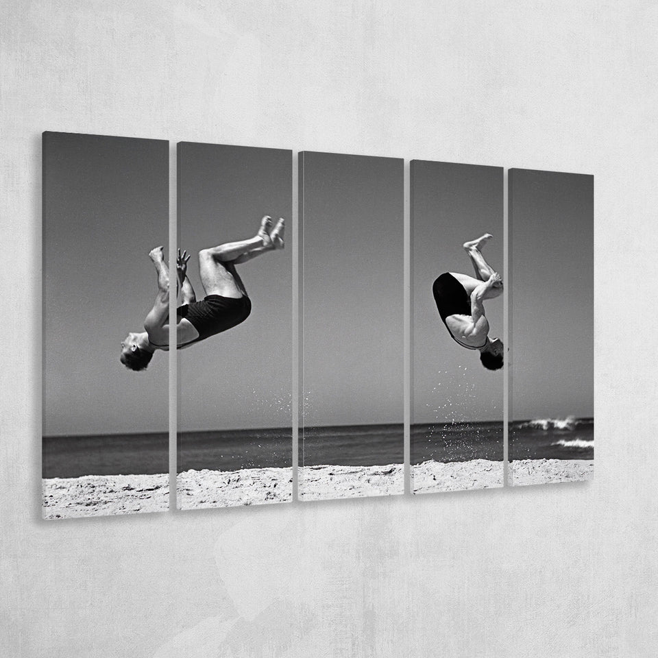 Vintage Beach Backflip Black And White Print, Beach Acrobats Larger Canvas Art, 5 Piece Canvas Prints Wall Art Decor