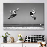 Vintage Beach Backflip Black And White Print, Beach Acrobats Canvas Prints Wall Art Home Decor