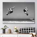Vintage Beach Backflip Black And White Print, Beach Acrobats Canvas Prints Wall Art Home Decor