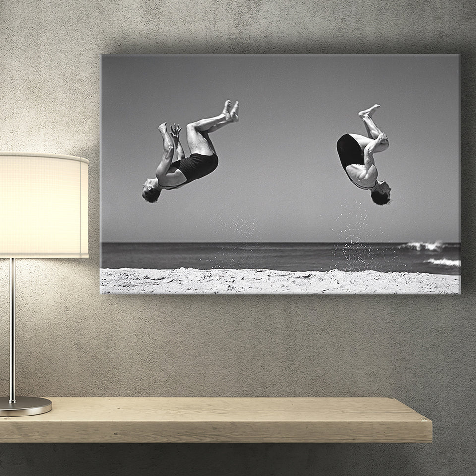 Vintage Beach Backflip Black And White Print, Beach Acrobats Canvas Prints Wall Art Home Decor