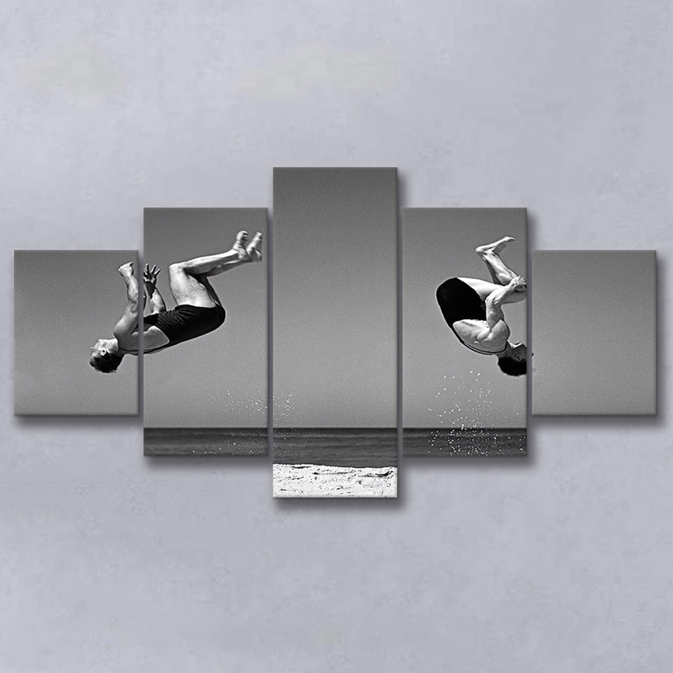 Vintage Beach Backflip Black And White Print, Beach Acrobats 5 Panels, Canvas Prints Wall Art Decor, Large Canvas Art