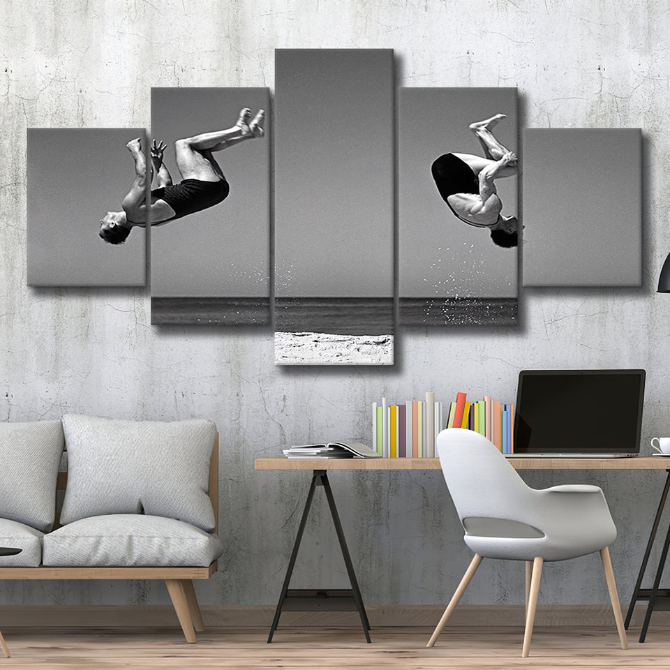 Vintage Beach Backflip Black And White Print, Beach Acrobats 5 Panels, Canvas Prints Wall Art Decor, Large Canvas Art