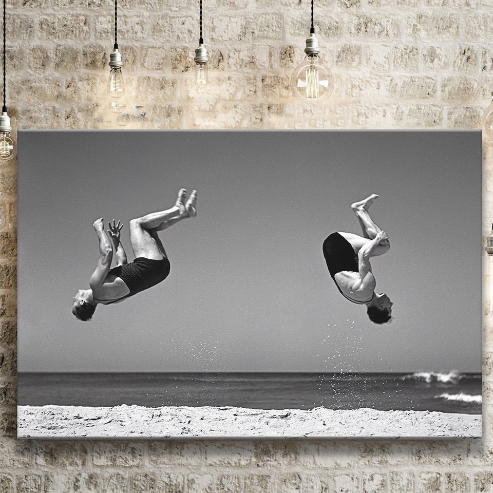 Vintage Beach Backflip Black And White Print, Beach Acrobats Canvas Prints Wall Art Home Decor