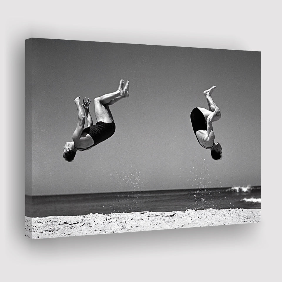 Vintage Beach Backflip Black And White Print, Beach Acrobats Canvas Prints Wall Art Home Decor