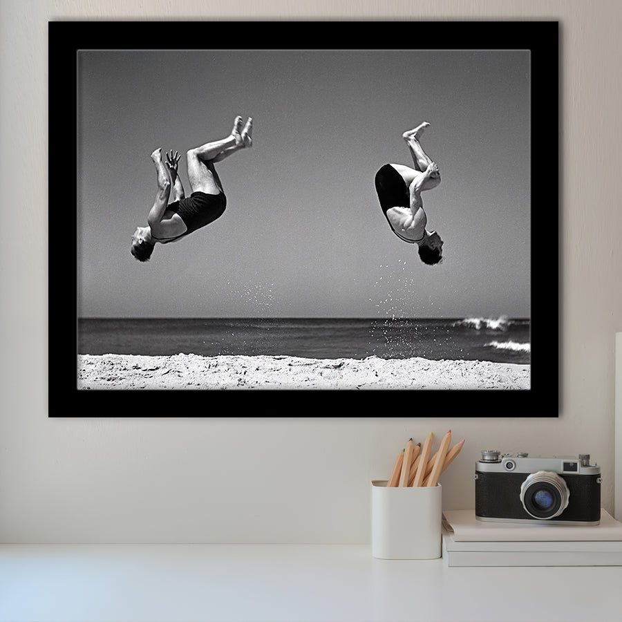 Vintage Beach Backflip Black And White Print, Beach Acrobats Framed Art Prints, Wall Art,Home Decor,Framed Picture