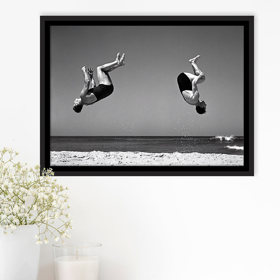 Vintage Beach Backflip Black And White Print, Beach Acrobats Framed Canvas Prints Wall Art Home Decor,Floating Frame