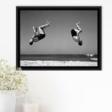 Vintage Beach Backflip Black And White Print, Beach Acrobats Framed Canvas Prints Wall Art Home Decor,Floating Frame