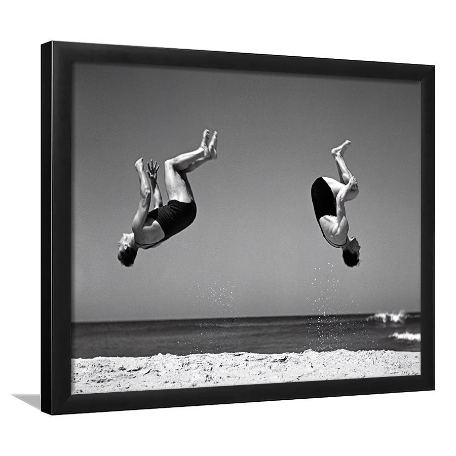 Vintage Beach Backflip Black And White Print, Beach Acrobats Framed Art Prints, Wall Art,Home Decor,Framed Picture