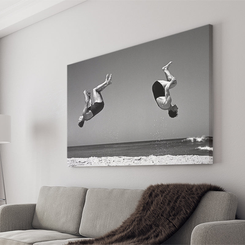 Vintage Beach Backflip Black And White Print, Beach Acrobats Canvas Prints Wall Art Home Decor