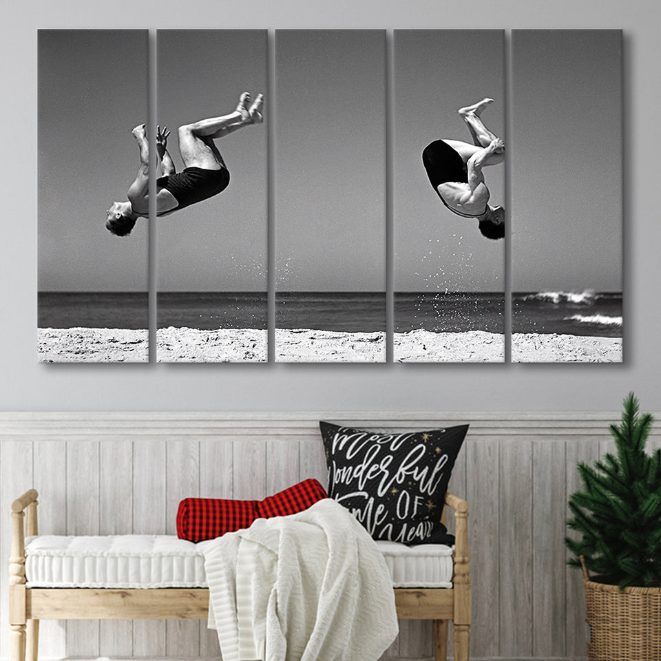 Vintage Beach Backflip Black And White Print, Beach Acrobats Larger Canvas Art, 5 Piece Canvas Prints Wall Art Decor