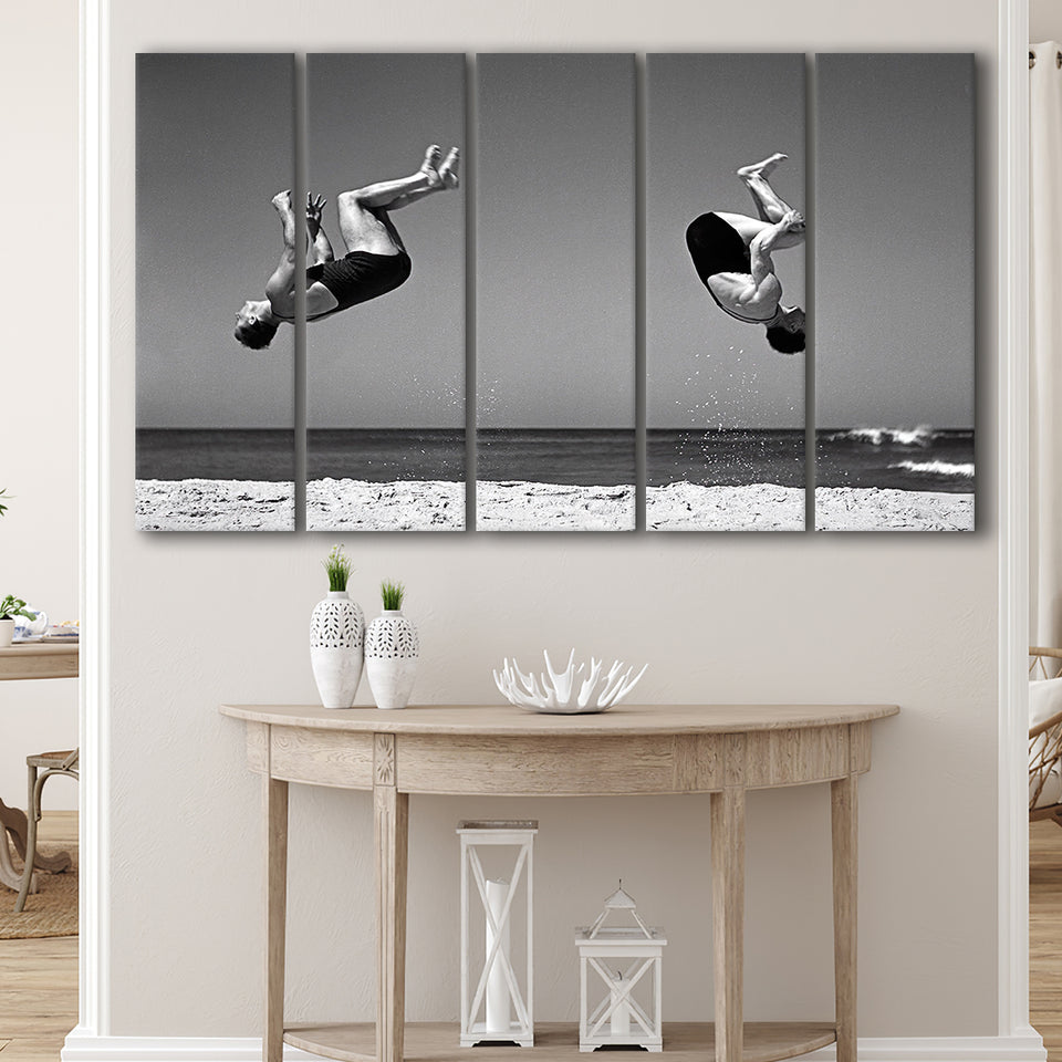 Vintage Beach Backflip Black And White Print, Beach Acrobats Larger Canvas Art, 5 Piece Canvas Prints Wall Art Decor