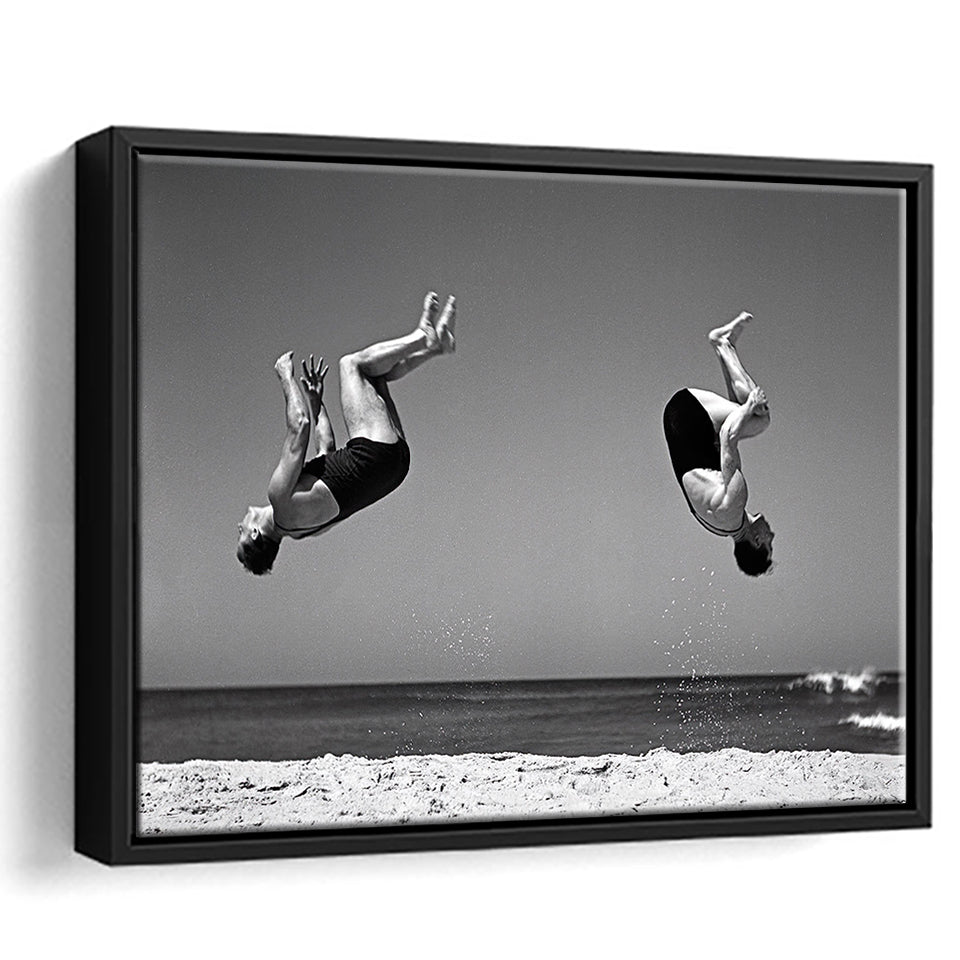 Vintage Beach Backflip Black And White Print, Beach Acrobats Framed Canvas Prints Wall Art Home Decor,Floating Frame