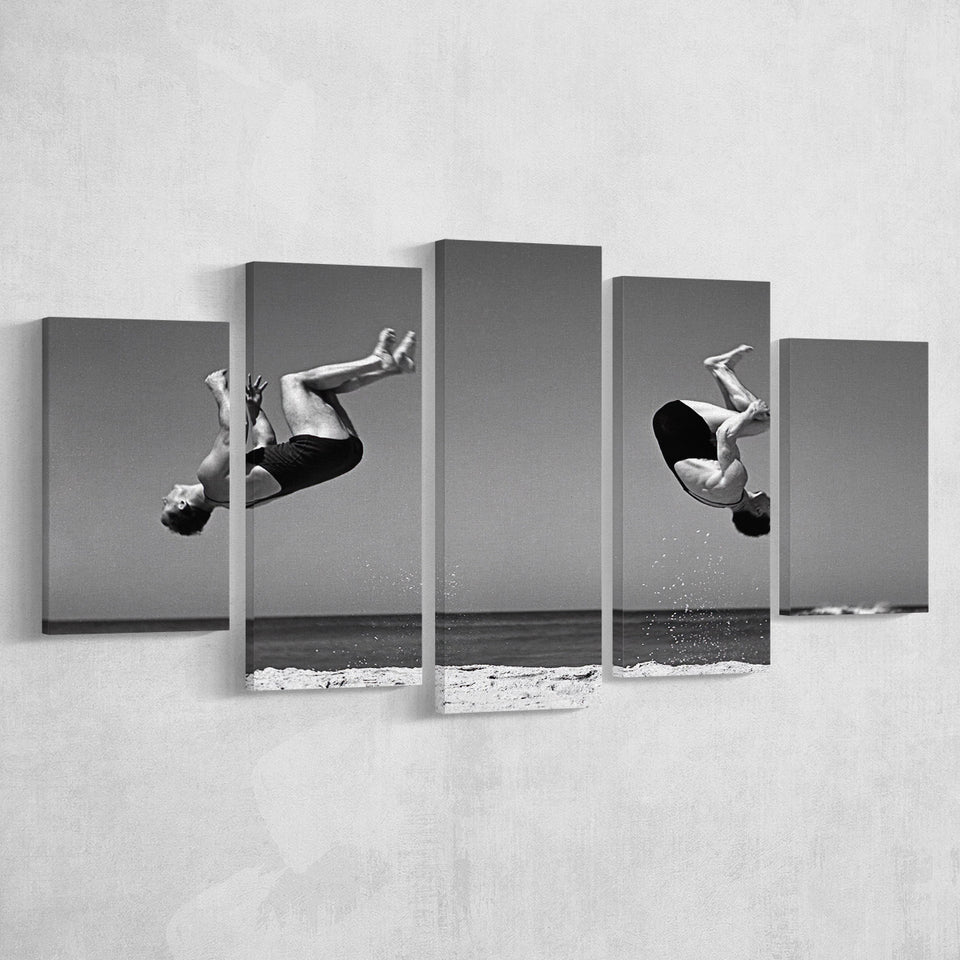 Vintage Beach Backflip Black And White Print, Beach Acrobats 5 Panels, Canvas Prints Wall Art Decor, Large Canvas Art