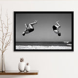Vintage Beach Backflip Black And White Print, Beach Acrobats Framed Canvas Prints Wall Art Home Decor,Floating Frame