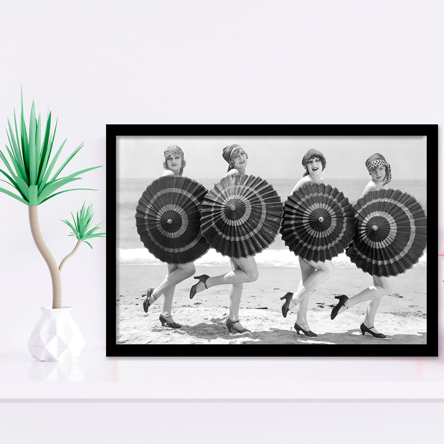 Vintage Beach Umbrella Girls Black And White Print, Bathing Beauty Flapper Girls Framed Art Prints, Wall Art,Home Decor,Framed Picture