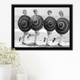 Vintage Beach Umbrella Girls Black And White Print, Bathing Beauty Flapper Girls Framed Canvas Prints Wall Art Home Decor,Floating Frame