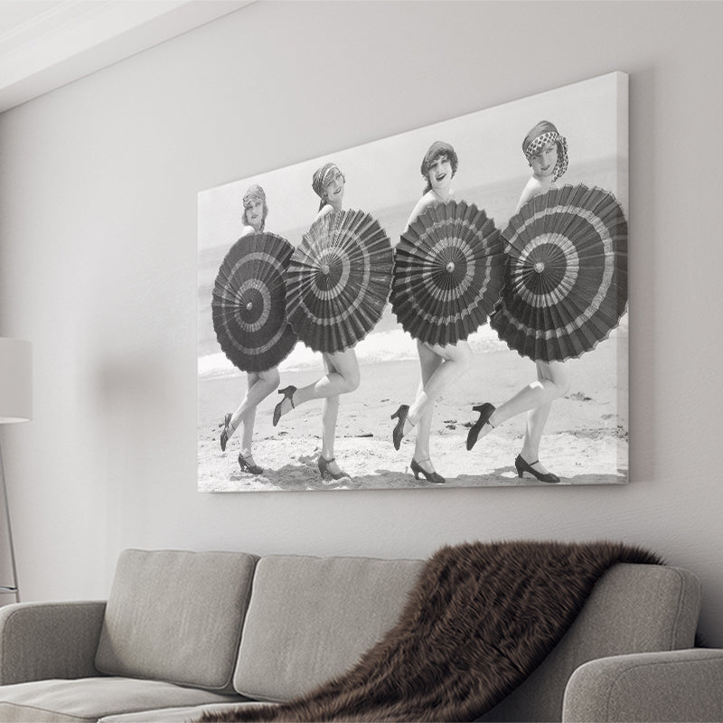 Vintage Beach Umbrella Girls Black And White Print, Bathing Beauty Flapper Girls Canvas Prints Wall Art Home Decor