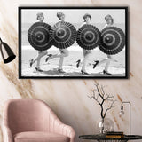 Vintage Beach Umbrella Girls Black And White Print, Bathing Beauty Flapper Girls Framed Canvas Prints Wall Art Home Decor,Floating Frame