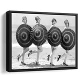 Vintage Beach Umbrella Girls Black And White Print, Bathing Beauty Flapper Girls Framed Canvas Prints Wall Art Home Decor,Floating Frame