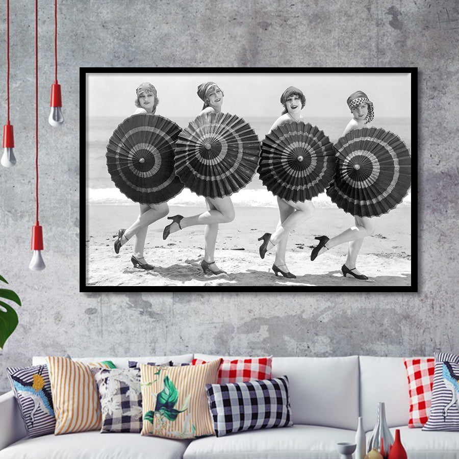 Vintage Beach Umbrella Girls Black And White Print, Bathing Beauty Flapper Girls Framed Art Prints, Wall Art,Home Decor,Framed Picture