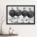 Vintage Beach Umbrella Girls Black And White Print, Bathing Beauty Flapper Girls Framed Canvas Prints Wall Art Home Decor,Floating Frame