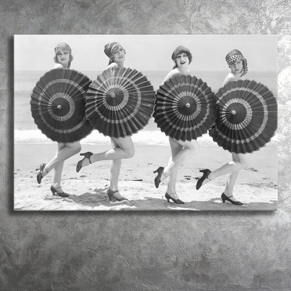 Vintage Beach Umbrella Girls Black And White Print, Bathing Beauty Flapper Girls Canvas Prints Wall Art Home Decor