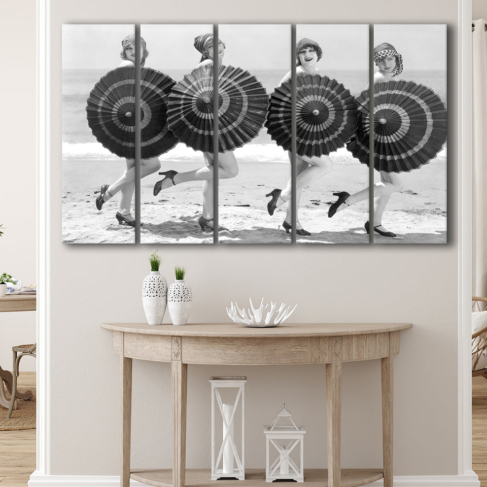 Vintage Beach Umbrella Girls Black And White Print, Bathing Beauty Flapper Girls Larger Canvas Art, 5 Piece Canvas Prints Wall Art