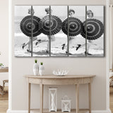 Vintage Beach Umbrella Girls Black And White Print, Bathing Beauty Flapper Girls Larger Canvas Art, 5 Piece Canvas Prints Wall Art