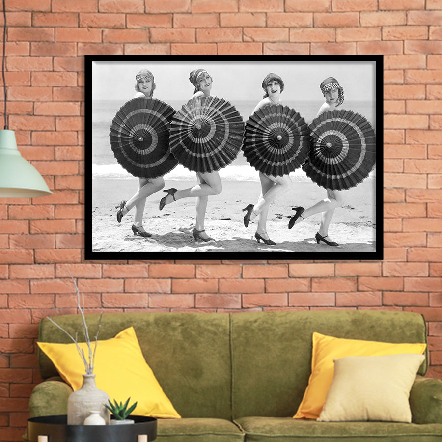 Vintage Beach Umbrella Girls Black And White Print, Bathing Beauty Flapper Girls Framed Art Prints, Wall Art,Home Decor,Framed Picture