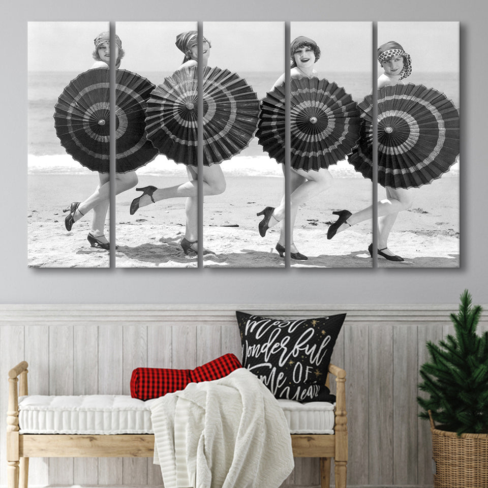 Vintage Beach Umbrella Girls Black And White Print, Bathing Beauty Flapper Girls Larger Canvas Art, 5 Piece Canvas Prints Wall Art