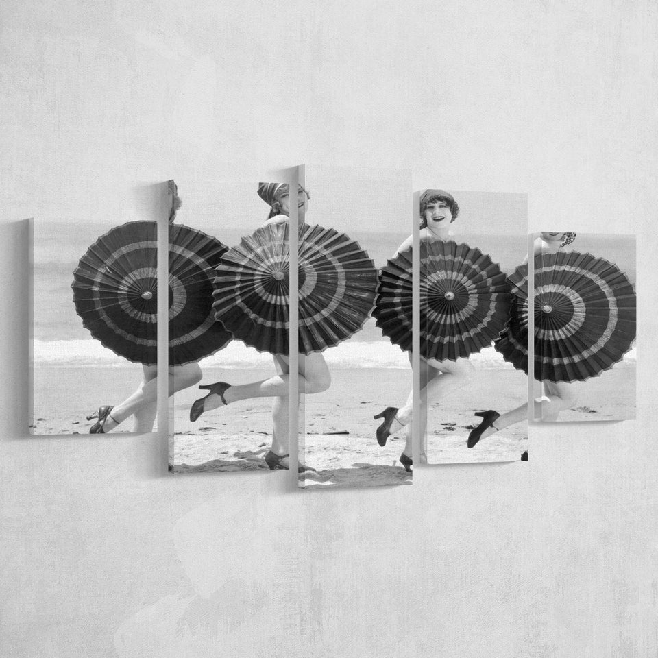 Vintage Beach Umbrella Girls Black And White Print, Bathing Beauty Flapper Girls 5 Panels, Canvas Prints Wall Art Decor