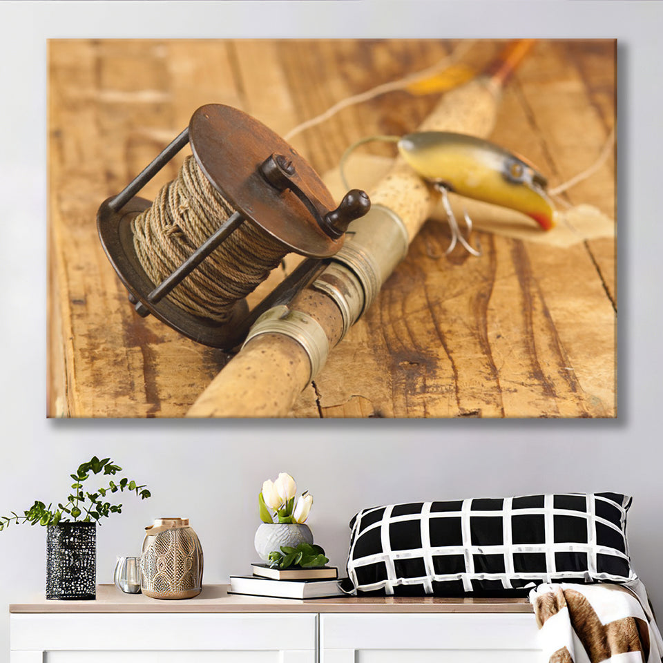 decorate old fishing poles Vintage Fishing Decor Black White Canvas Prints Wall Art