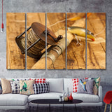 Vintage Fishing Decor Black  White 5 Piece Canvas Prints Wall Art - Painting Prints, Wall Decor,Multi Panels