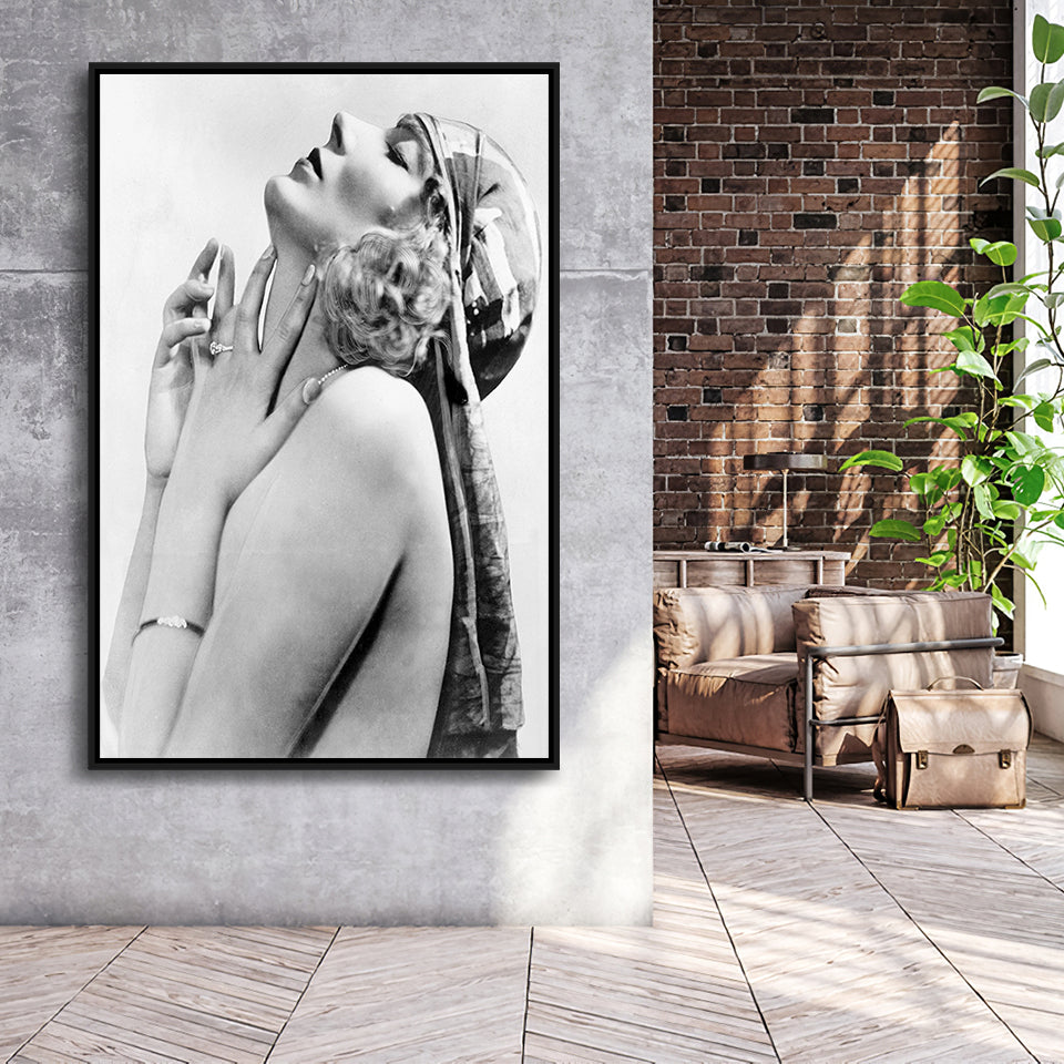 Vintage Flapper Girl Black And White Print, Classic Beauty Framed Canvas Prints Wall Art Home Decor, Floating Frame