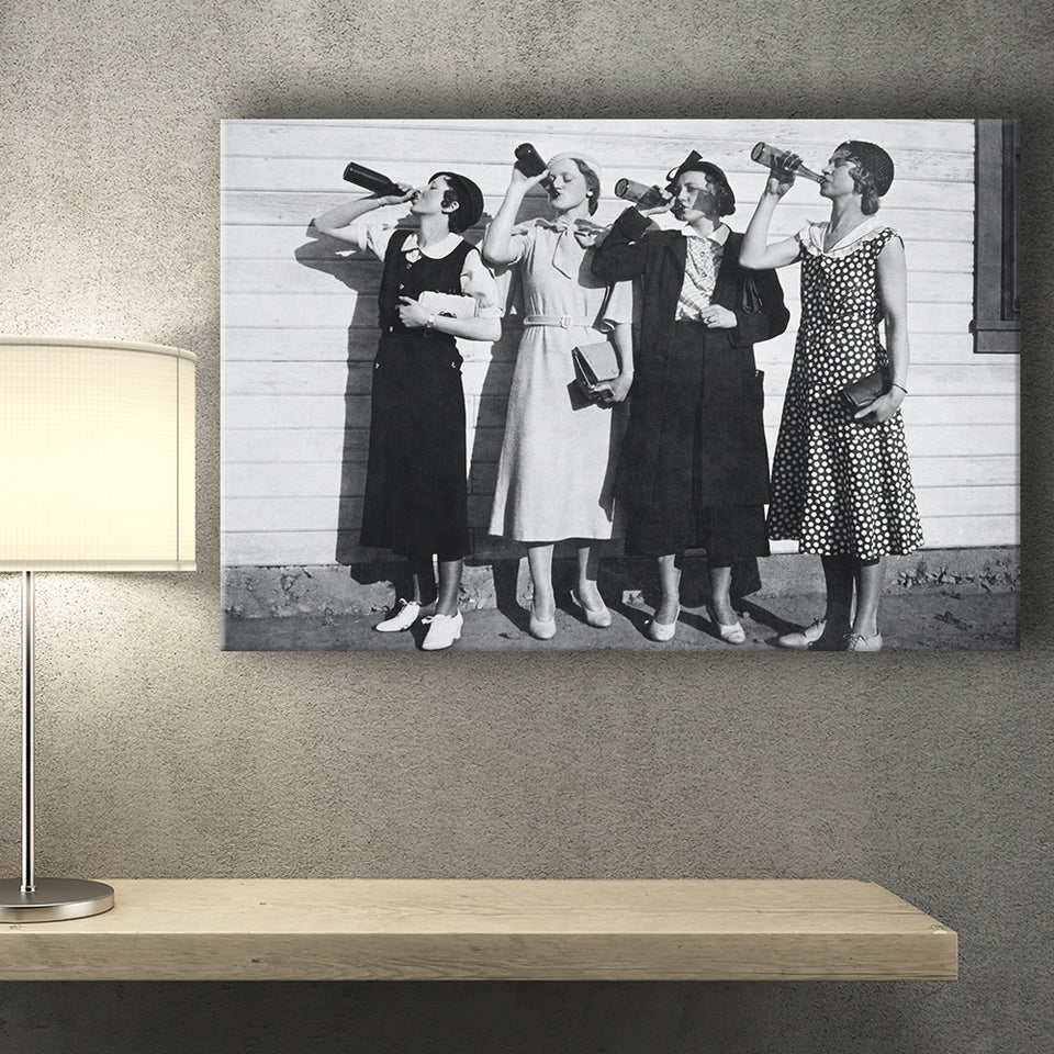 Vintage Flapper Girls Drinking Black And White Print, Roaring Twenties Vintage Style Canvas Prints Wall Art Home Decor