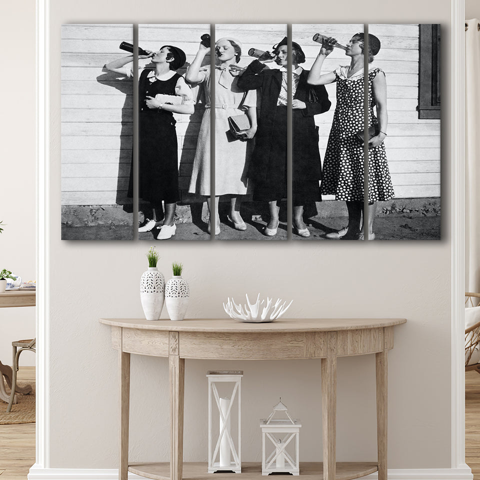 Vintage Flapper Girls Drinking Black And White Print, Vintage Style Larger Canvas Art, 5 Piece Canvas Prints Wall Art Decor