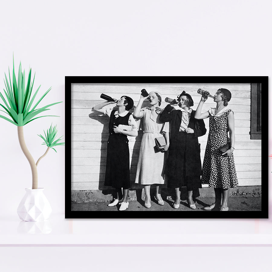 Vintage Flapper Girls Drinking Black And White Print, Roaring Twenties Vintage Style Framed Art Prints, Wall Art,Home Decor
