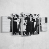 Vintage Flapper Girls Drinking Black And White Print, Roaring Twenties Vintage Style 5 Panels, Canvas Prints Wall Art Decor